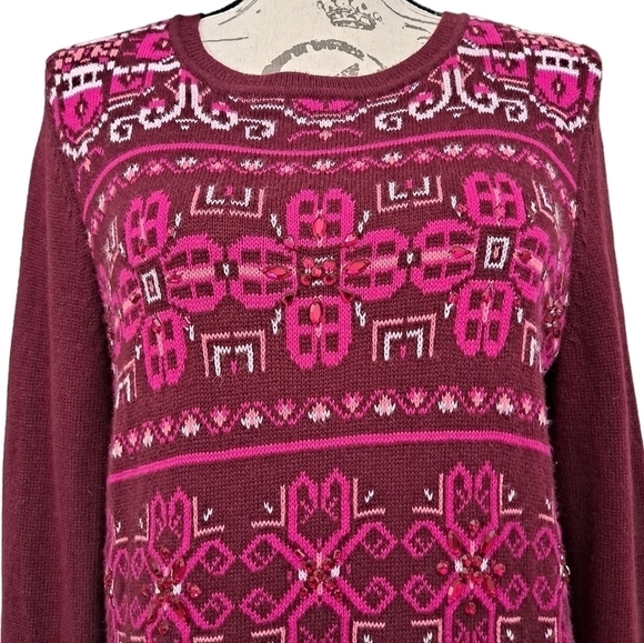Talbots Pink Lambswool Womens Fair isle knit Crew Neck Beaded crystal sweater M - Picture 11 of 16